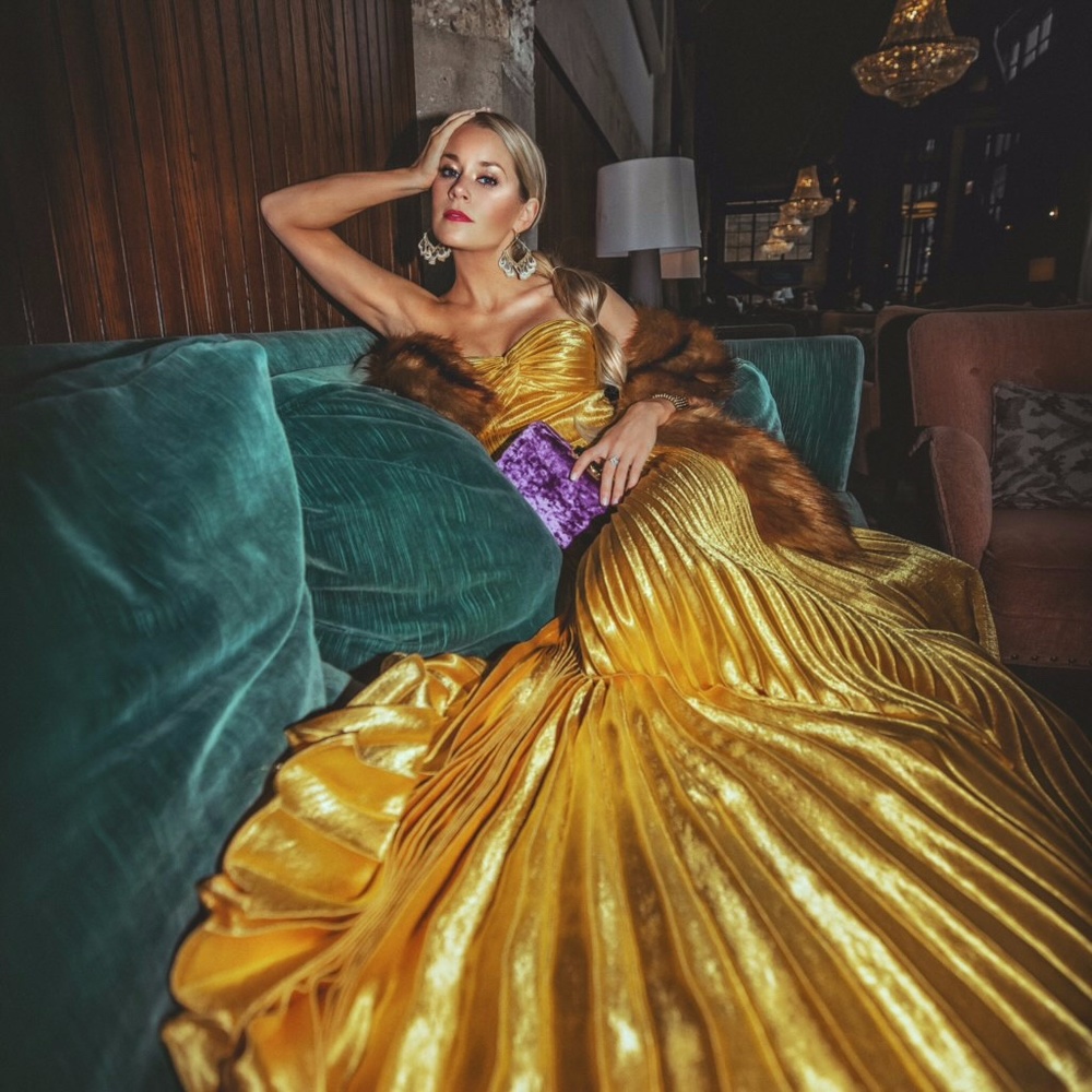 Metallic Belle Pleated Satin Strapless Gown